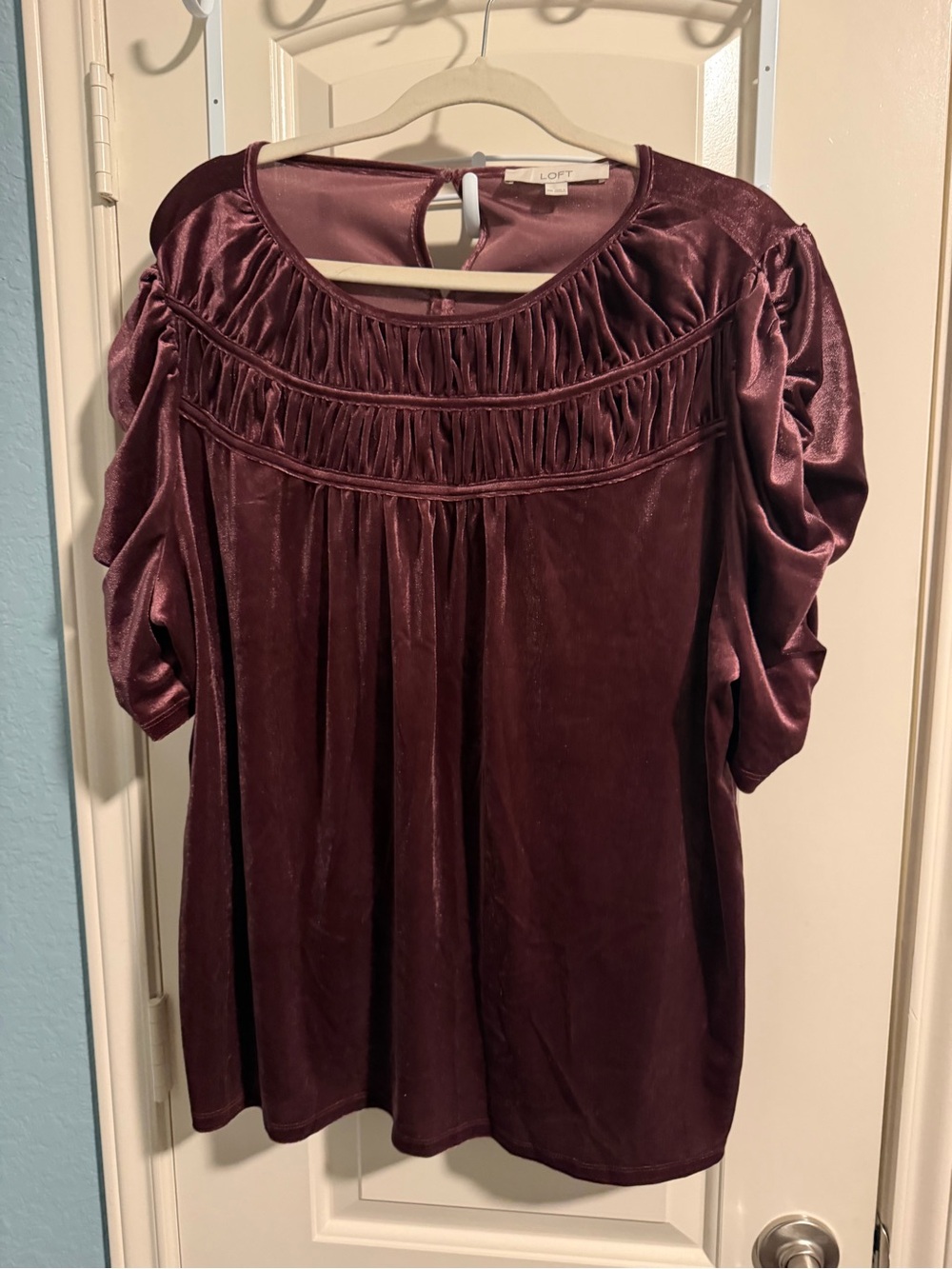 LOFT Velvet Ruched Yoke Blouse - Plum